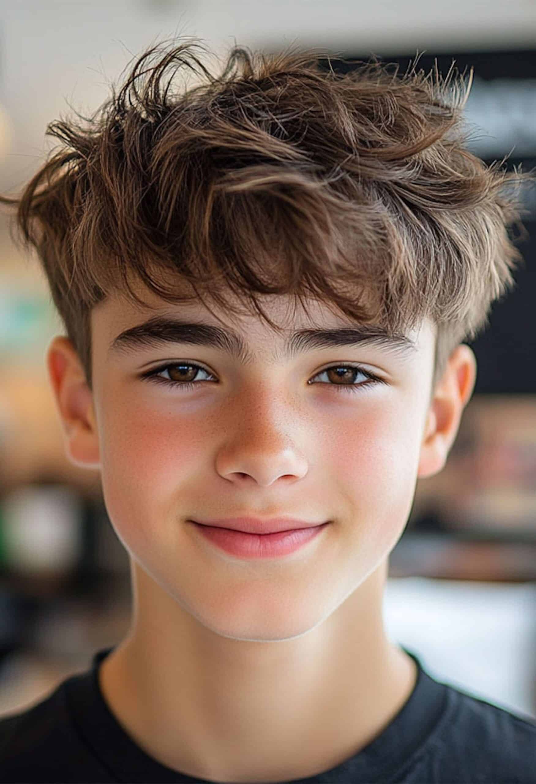 A young boy sporting a Textured Crop haircut getting ready for Back to School by Floyd's Barbershop