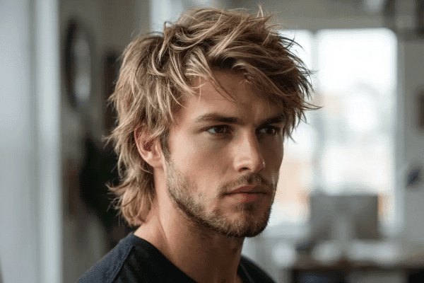 A young white male with messy textured crop blonde hair and light beard style from Floyds Barbershop
