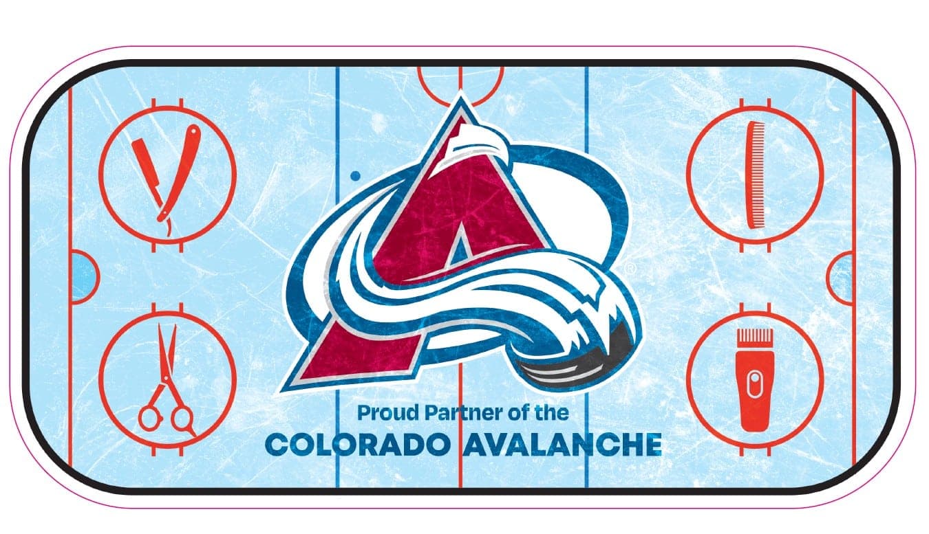 Hockey rink graphic featuring barber tools representing the Floydâs 99 Barbershop and Colorado Avalanche partnership