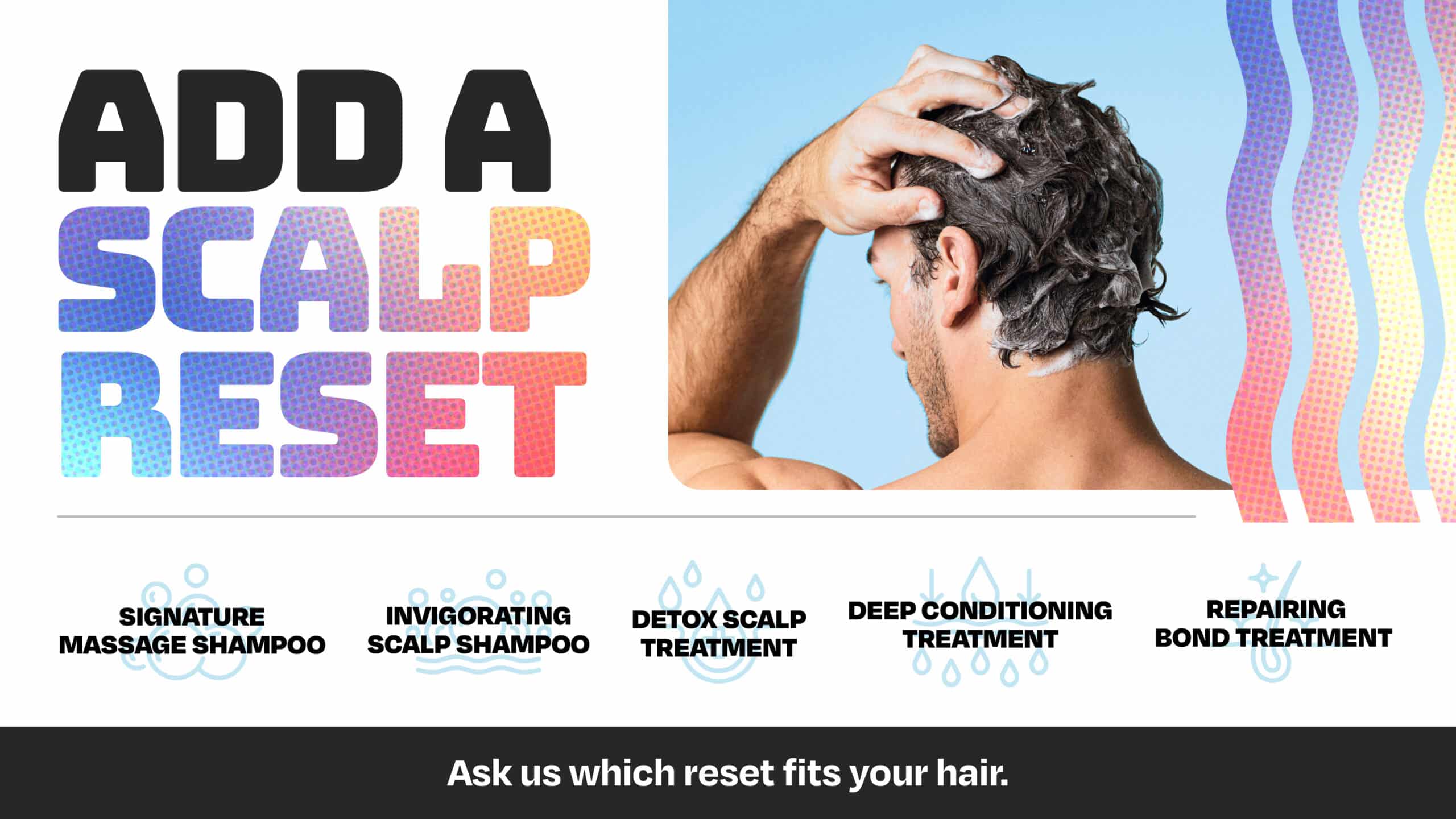 Graphic promoting Floydâs scalp reset treatments including signature massage shampoo, invigorating scalp shampoo, detox scalp treatment, deep conditioning treatment, and repairing bond treatment