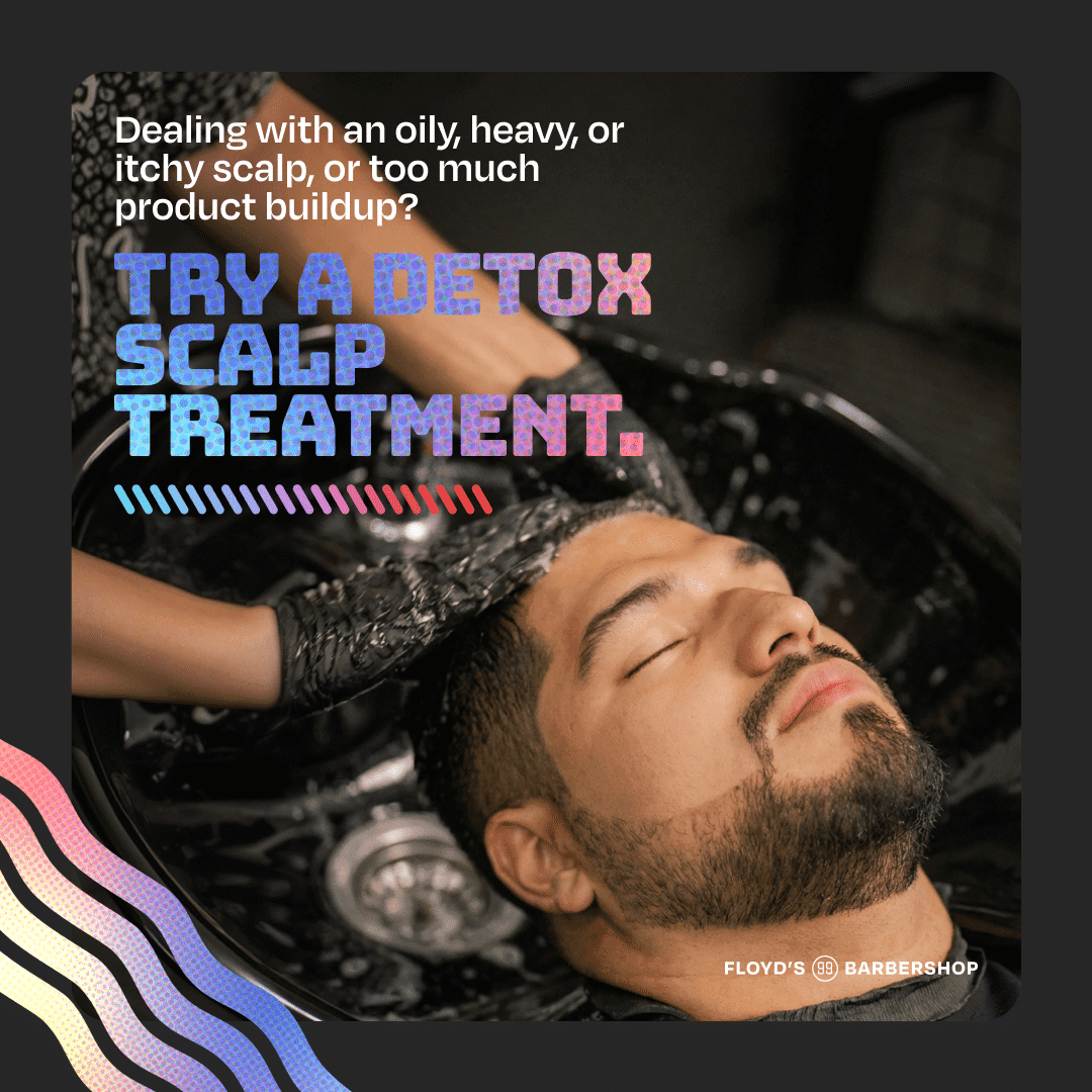 A graphic with man getting a scalp treatment at Floyd's 99 Barbershop