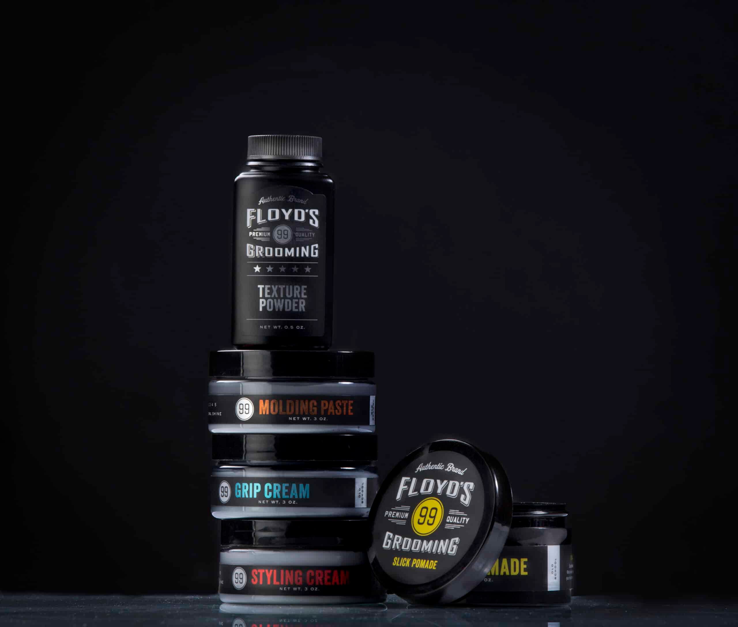 Floyd's 99 grooming products, texture powder, molding paste, grip cream, styling cream, products to help maintain your haircut between visits